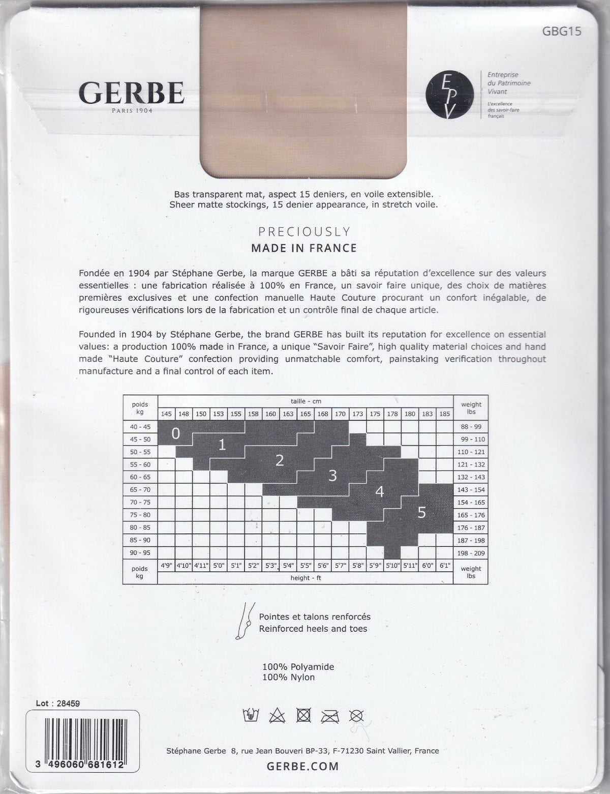 Bas GERBE GERLON 15 D 9 coloris 5 tailles. Stockings