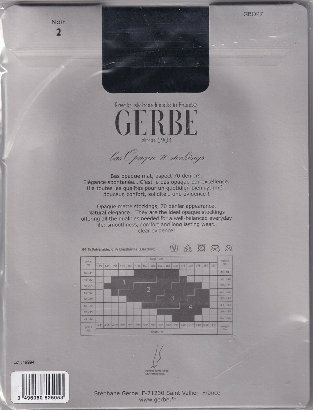 Bas GERBE OPAQUE 70 D coloris Noir. 3 tailles. Stockings.