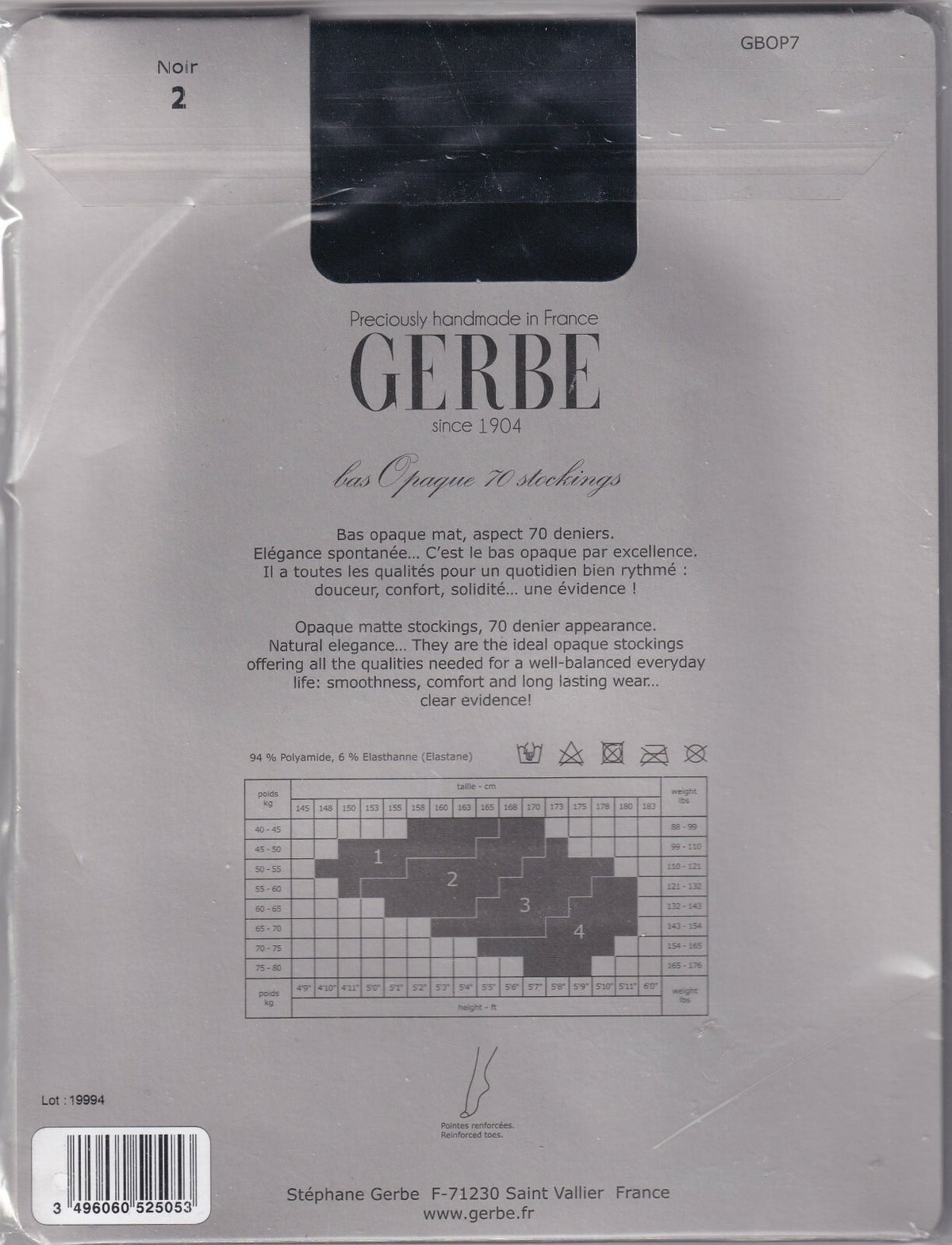 Bas GERBE OPAQUE 70 D coloris Noir. 3 tailles. Stockings.