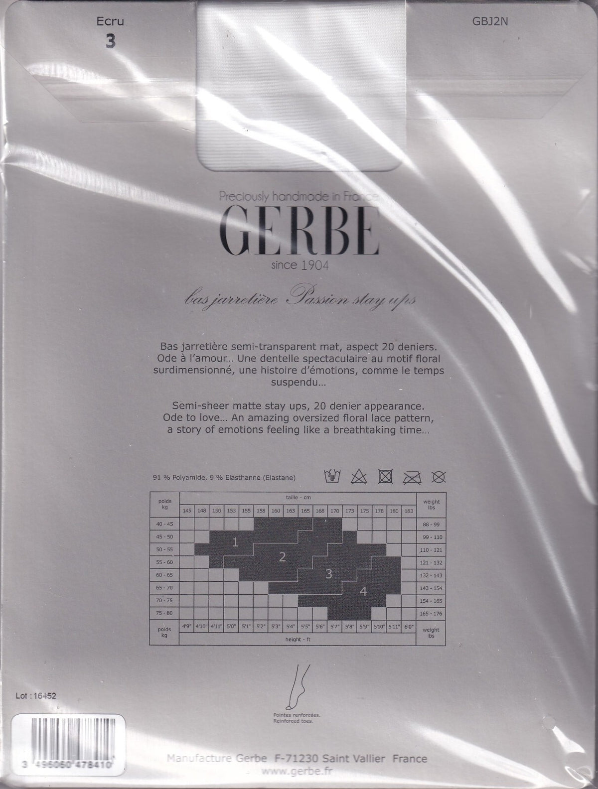 Bas jarretière GERBE PASSION 20 D Écru ou Noir. 4 tailles. Stay-ups