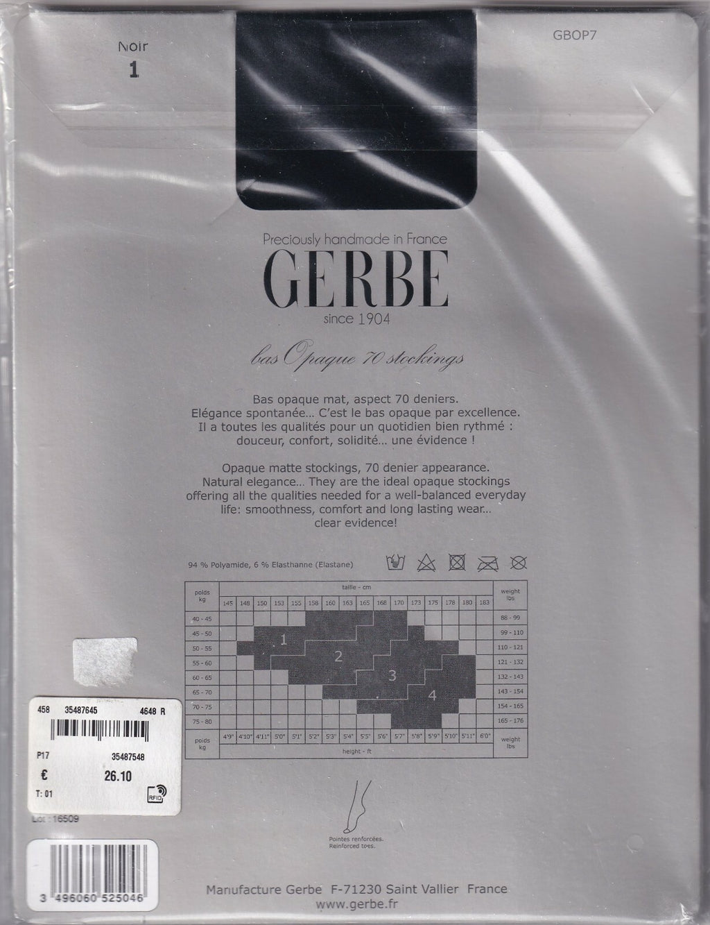 Bas GERBE OPAQUE 70 D coloris Noir. 3 tailles. Stockings.