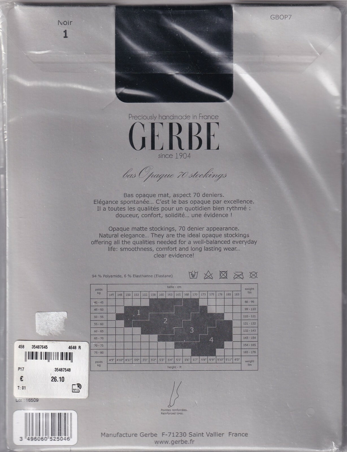 Bas GERBE OPAQUE 70 D coloris Noir. 3 tailles. Stockings.