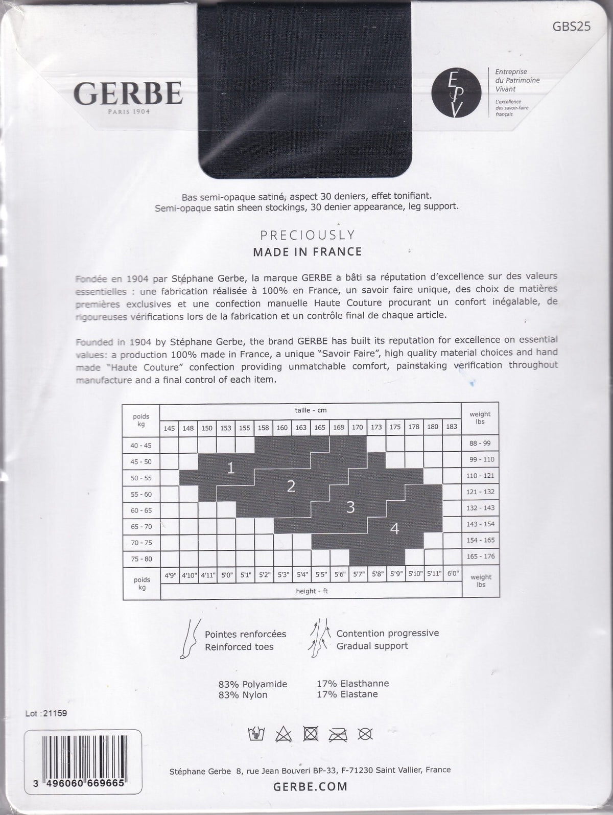 Bas GERBE SENSITIVE 30 D Anthracite/Noir ou Noir. 4 tailles. Stockings