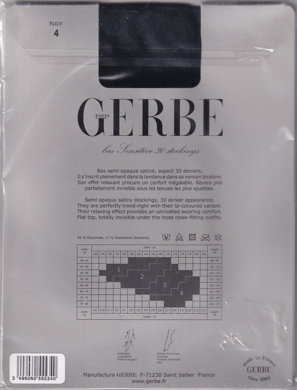 Bas GERBE SENSITIVE 30 D Anthracite/Noir ou Noir. 4 tailles. Stockings