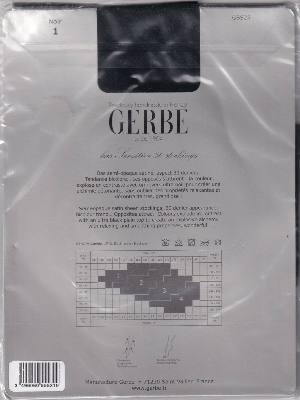 Bas GERBE SENSITIVE 30 D Anthracite/Noir ou Noir. 4 tailles. Stockings