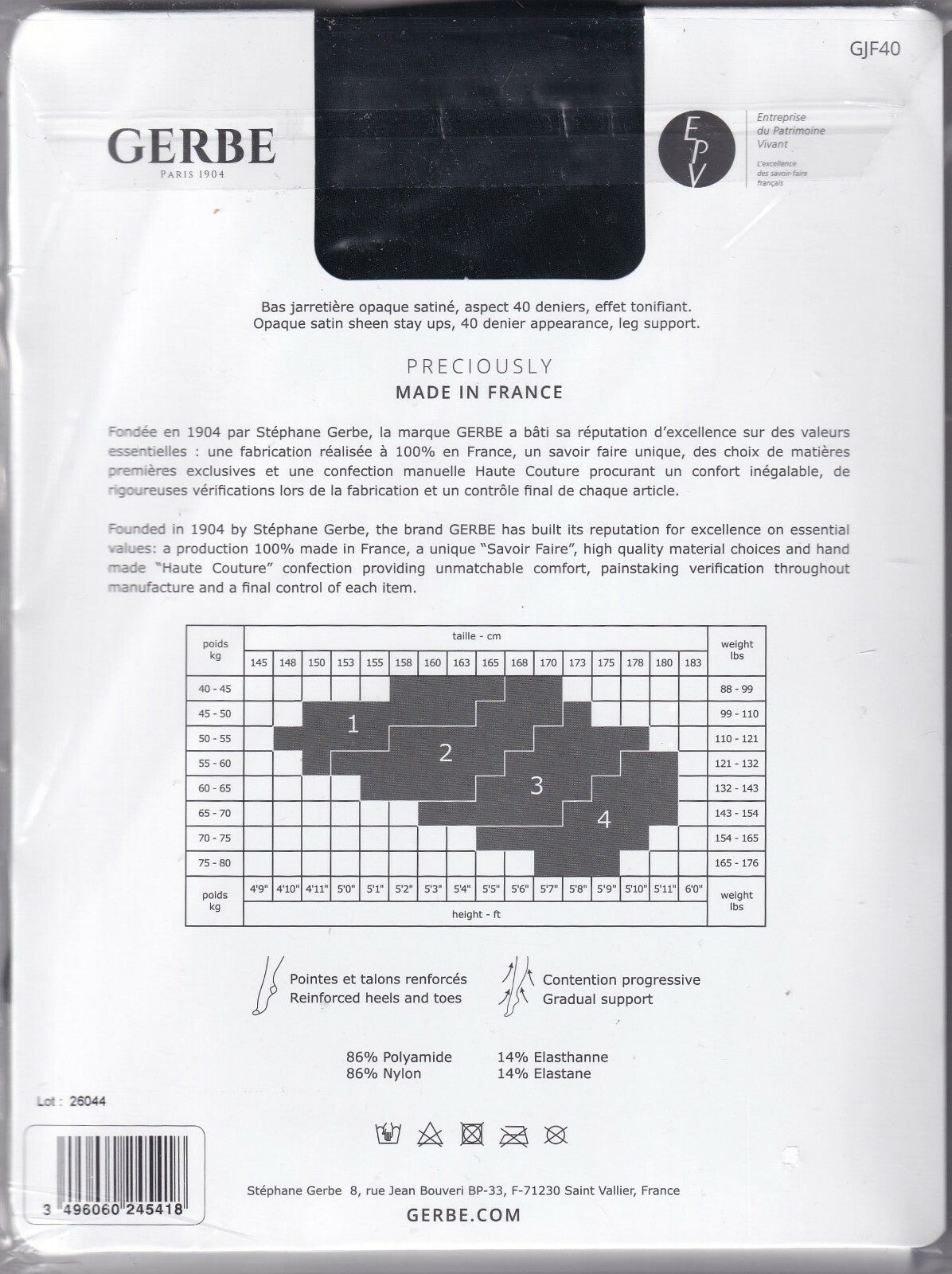 Bas jarretière GERBE FUTURA 40 D 4 coloris 4 tailles. Opaque stay-ups