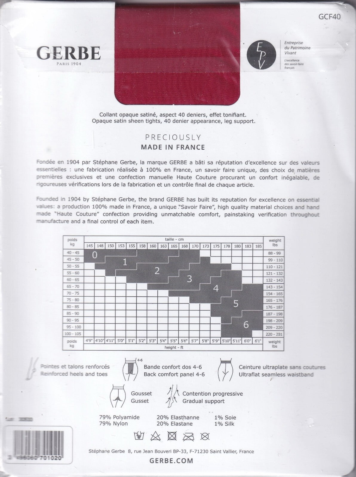 Collant GERBE FUTURA 40 D 15 coloris 6 tailles. Opaque tights