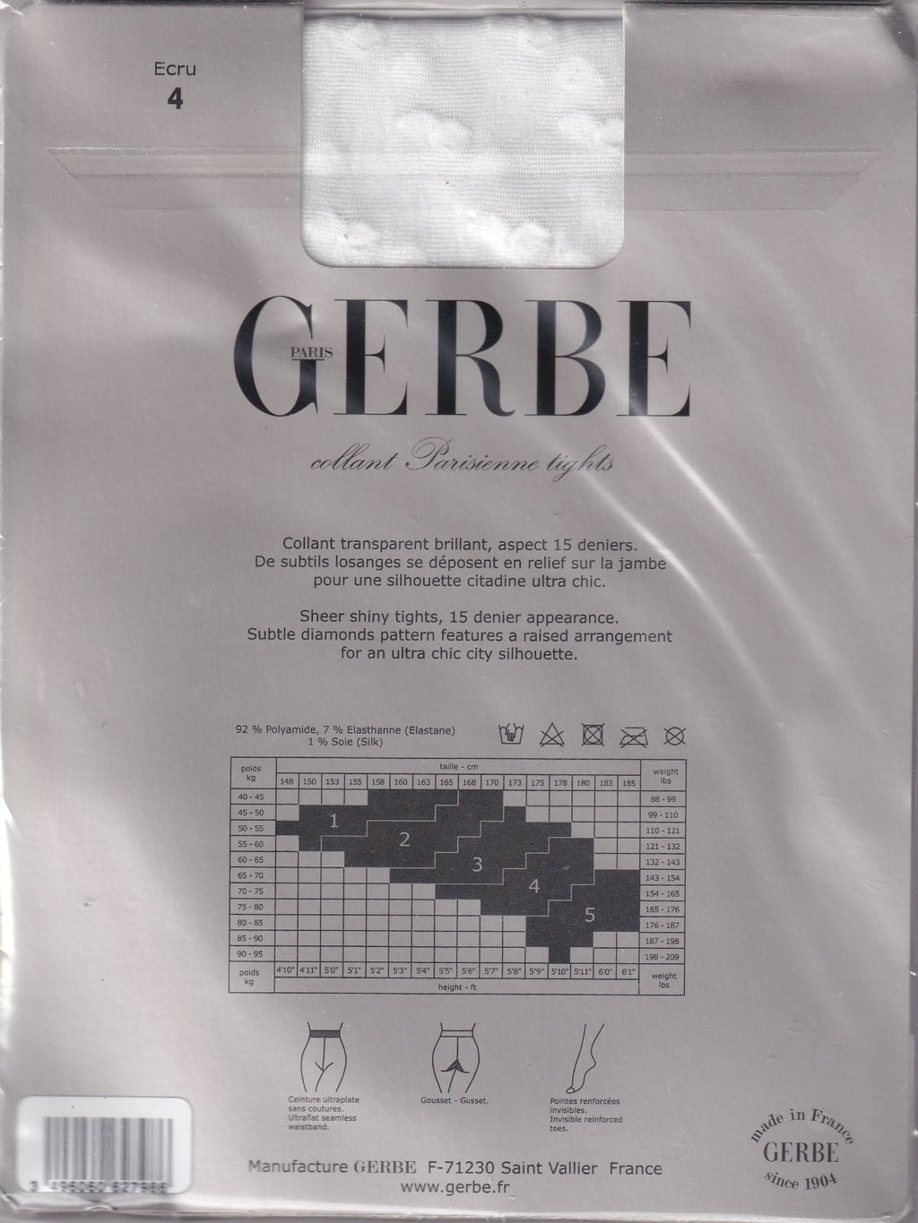 Collant GERBE PARISIENNE Ecru ou Noir. 3 tailles. Ultra chic tights