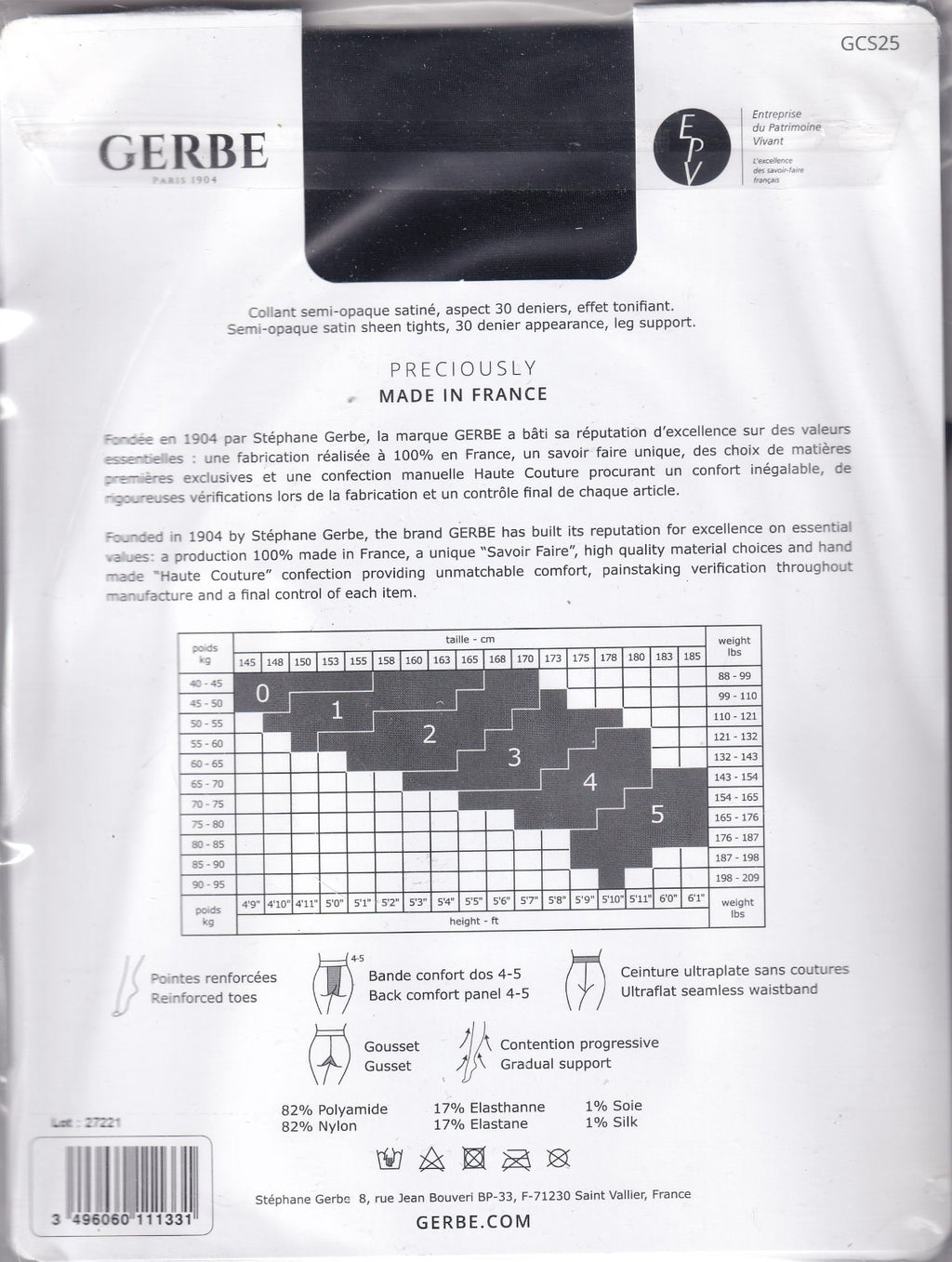 Collant GERBE SENSITIVE 30 D 2 coloris 3 tailles. Semi-opaque tights