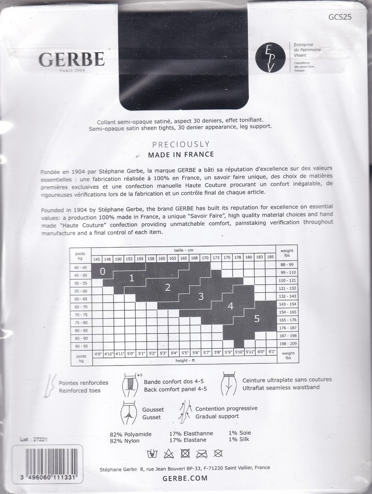 Collant GERBE SENSITIVE 30 D 2 coloris 3 tailles. Semi-opaque tights