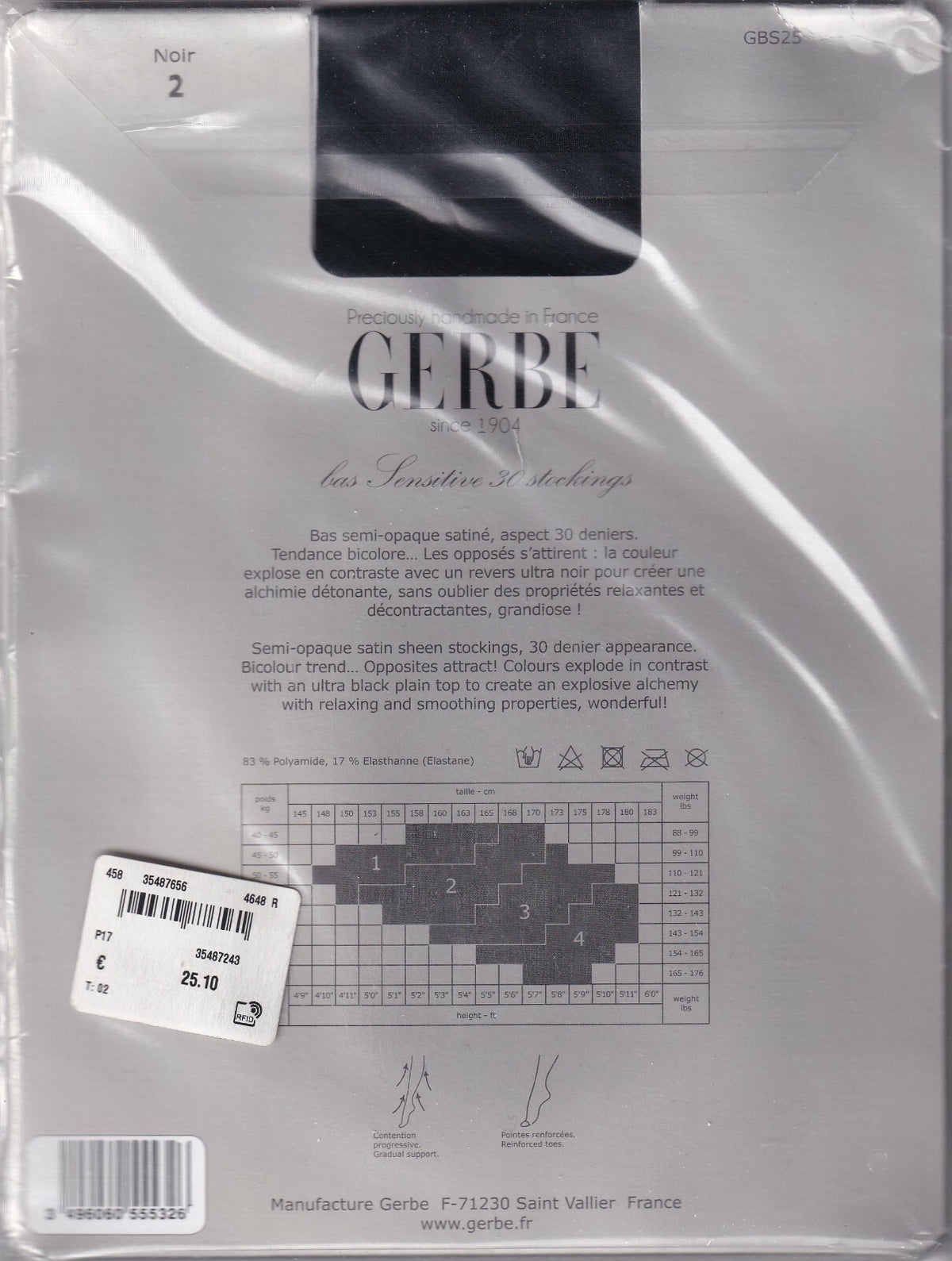 Bas GERBE SENSITIVE 30 D Anthracite/Noir ou Noir. 4 tailles. Stockings