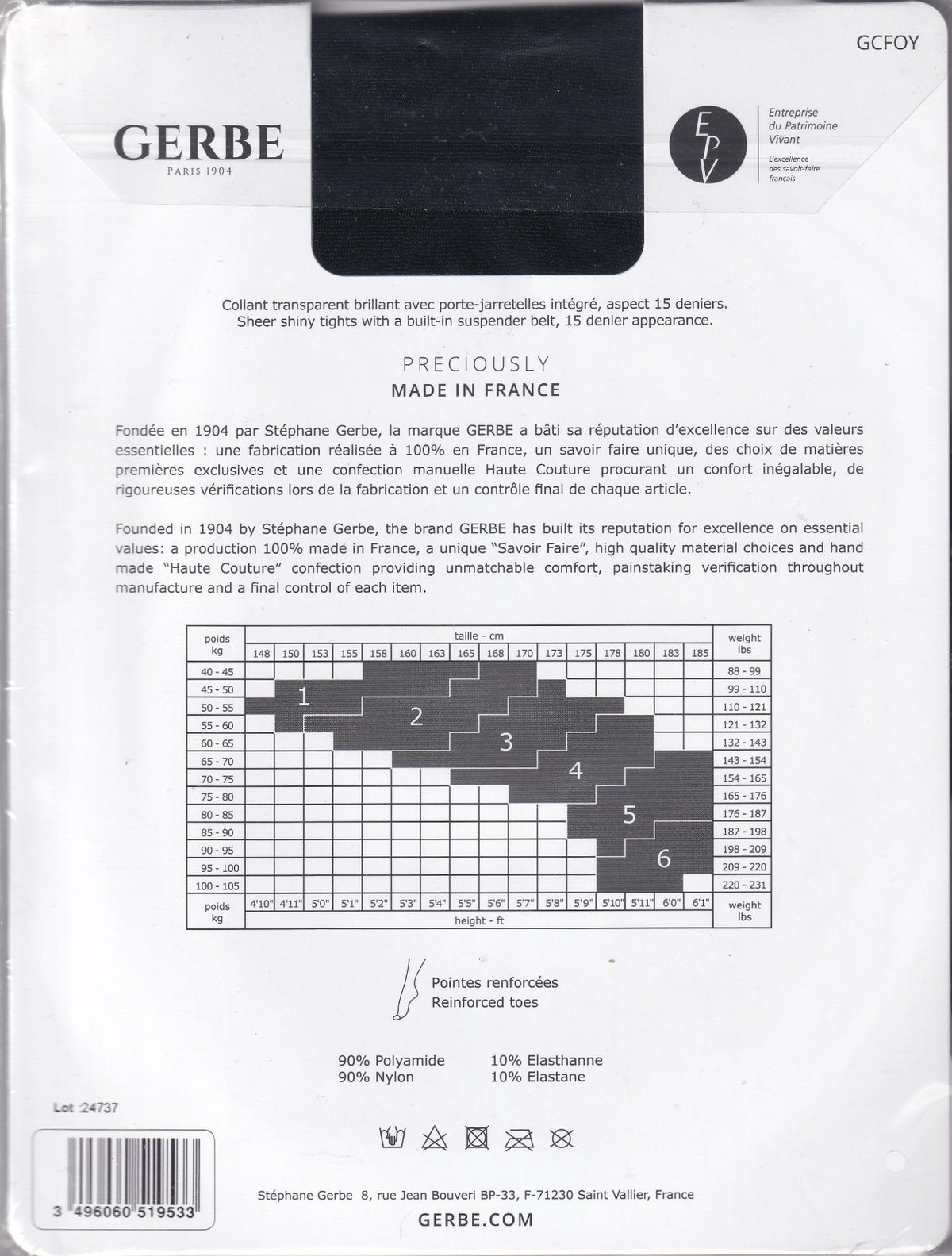 Collant GERBE FOLY 15 D coloris Noir. 6 tailles. Open tights