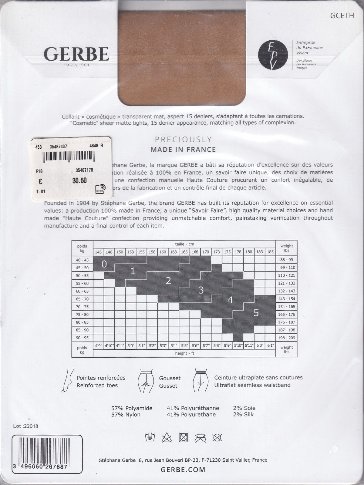 Collant GERBE ETHNIC COLOURS 15 D 3 coloris 2 tailles. Tights