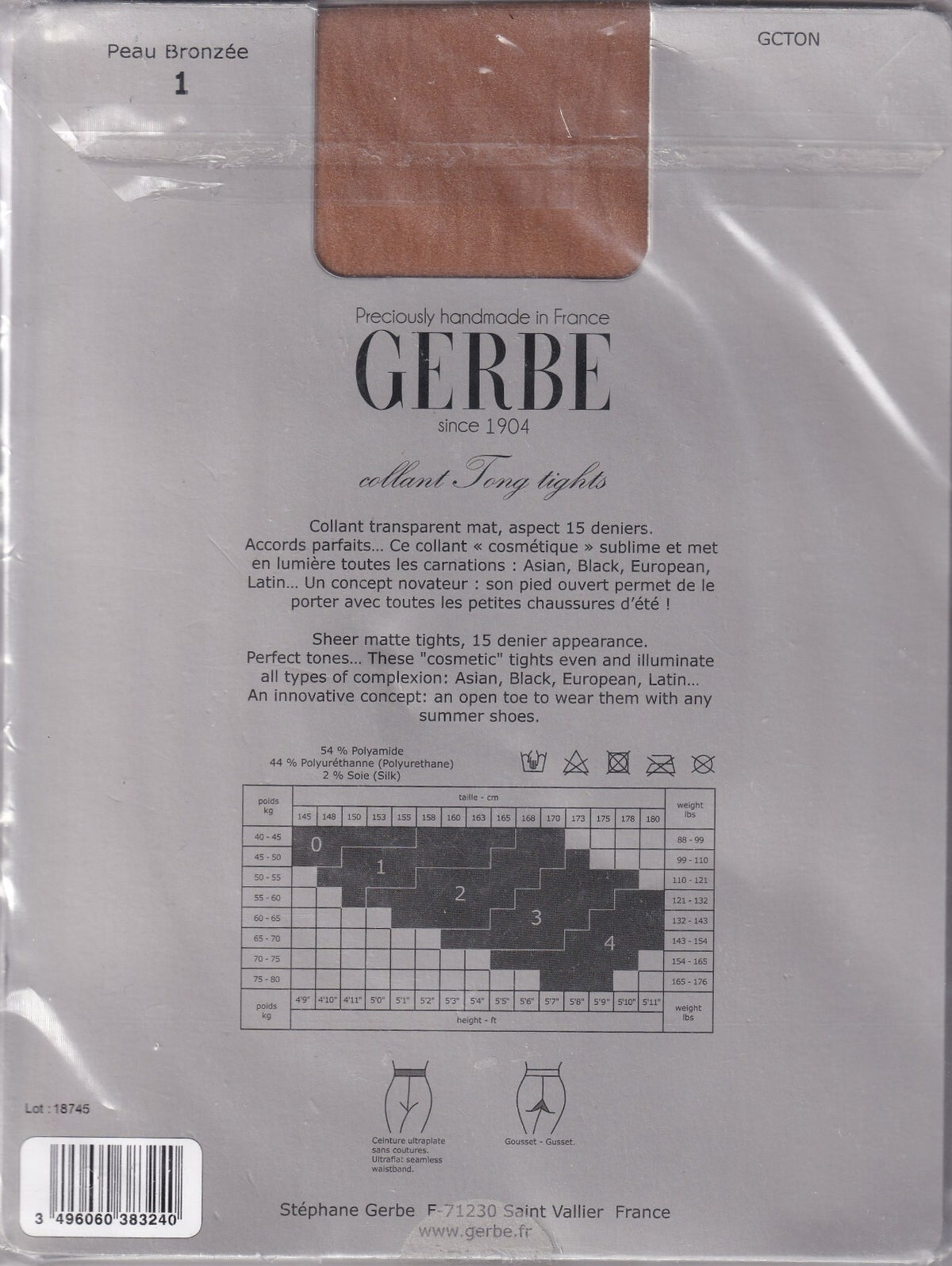 Collant GERBE TONG 15 D 3 coloris 5 tailles. Toeless tights