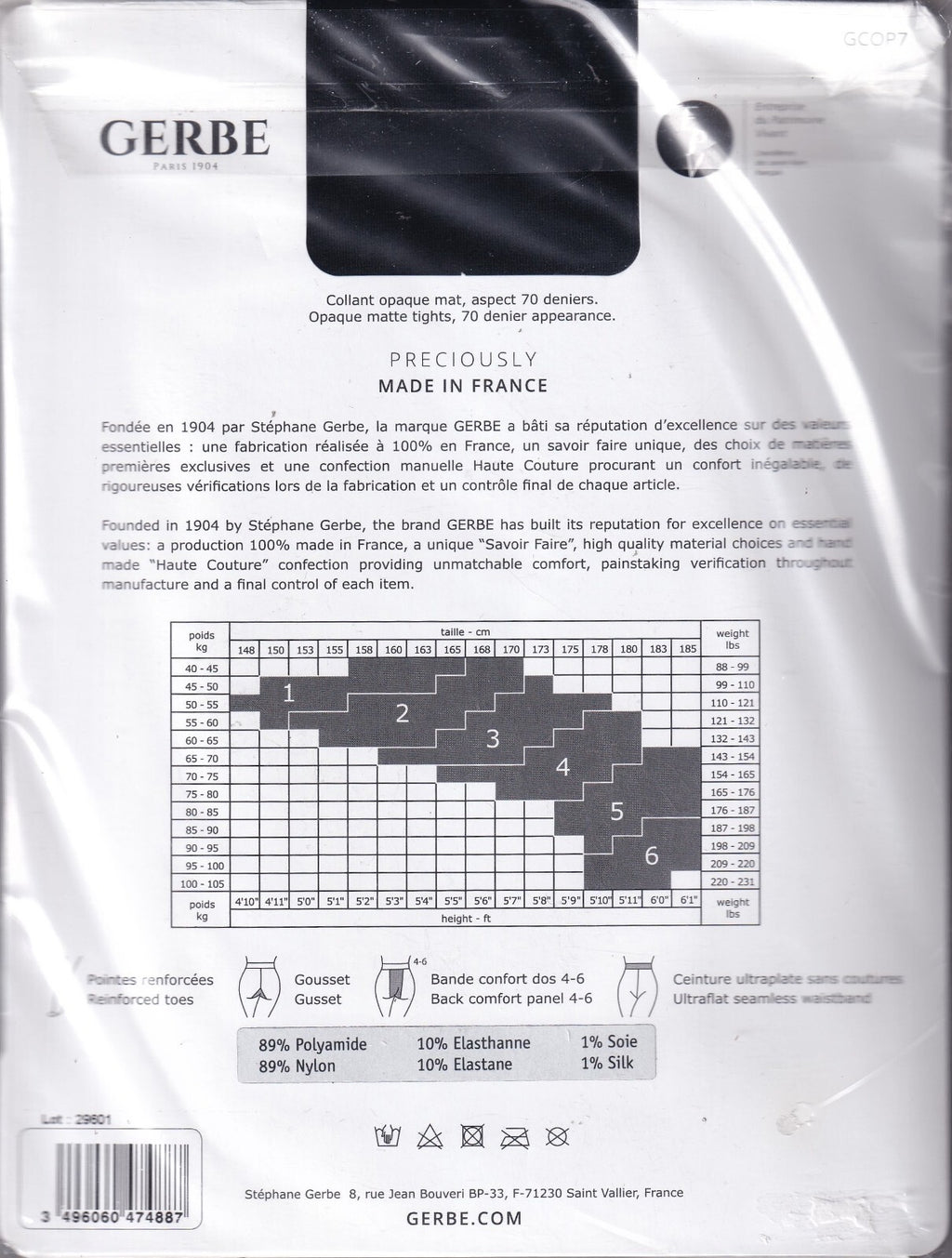Collant GERBE OPAQUE 70 D 2 coloris 2 tailles. Tights