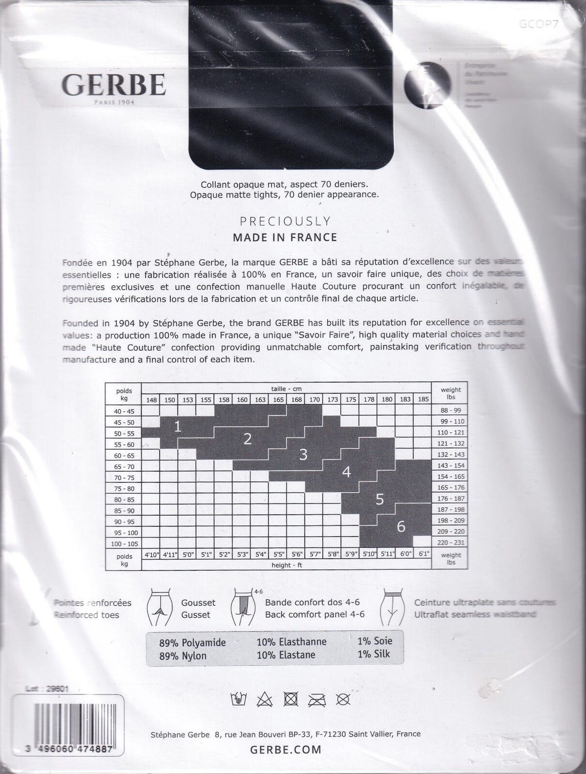 Collant GERBE OPAQUE 70 D 2 coloris 2 tailles. Tights