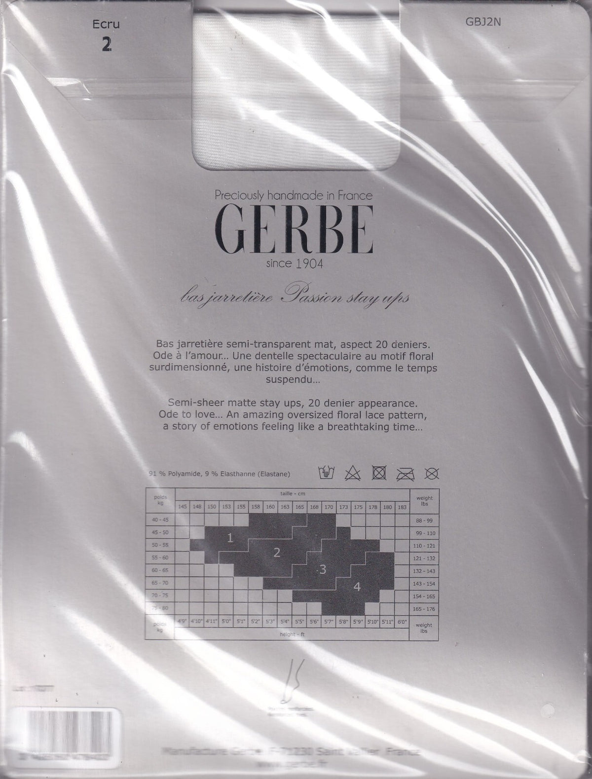 Bas jarretière GERBE PASSION 20 D Écru ou Noir. 4 tailles. Stay-ups