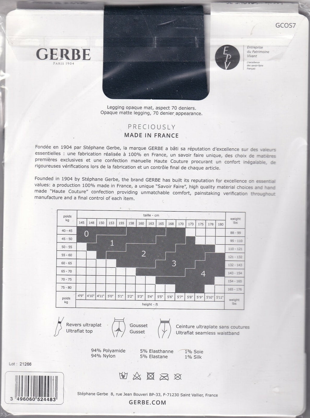 Legging GERBE OPAQUE 70 D Bleu Nuit ou Noir. 5 tailles.