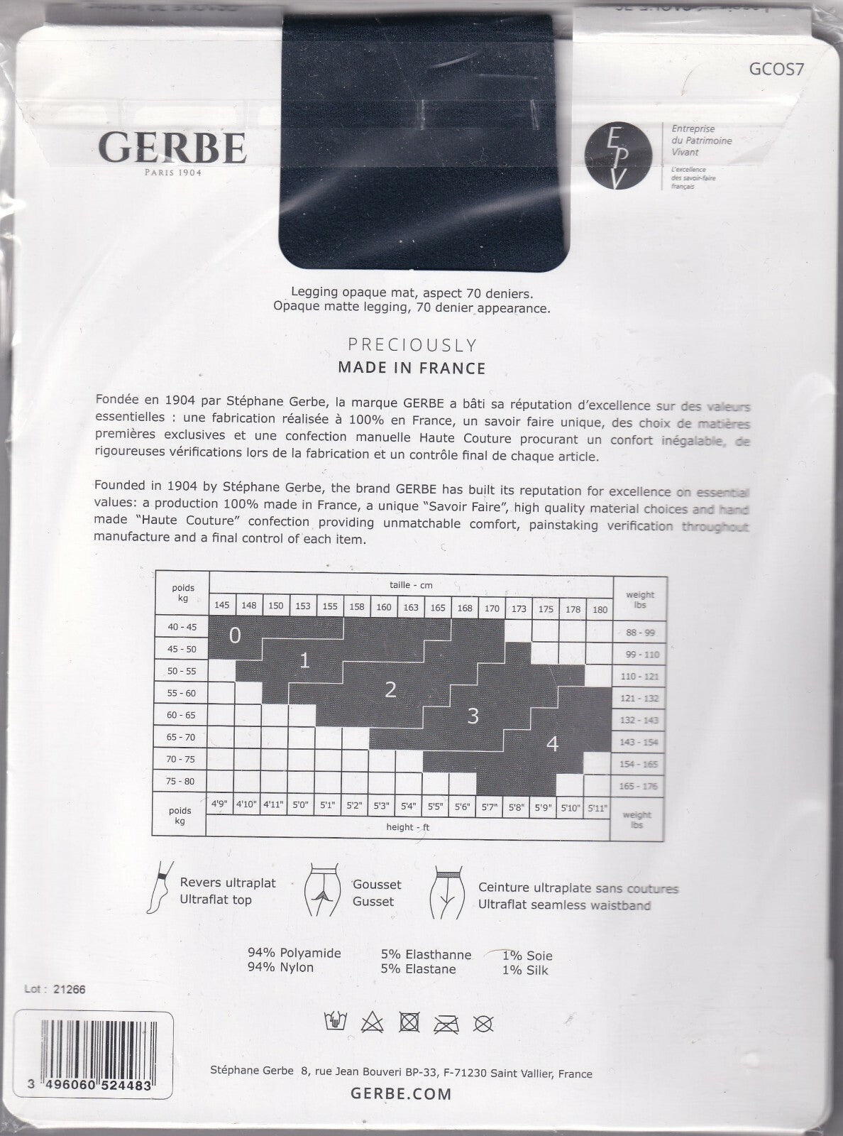Legging GERBE OPAQUE 70 D Bleu Nuit ou Noir. 5 tailles.